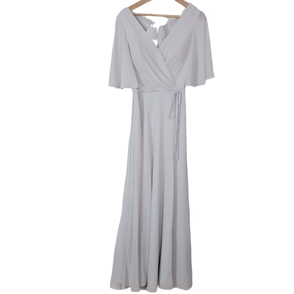 Marchesa Notte Bridesmaids Gown Draped Sleeve Rear Cutout Dove Gray NWT … - Picture 2 of 7